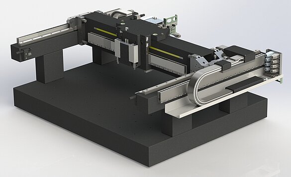 Engineered subsystem with integrated linear motor axes for fast precision XY scanning, here for automated wafer inspection. Fine positioning in the vertical axis is done by a linear motor stage with integrated weight counterbalance